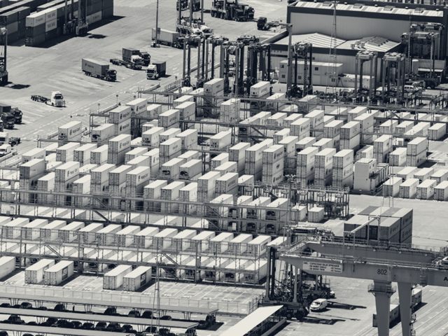 Container terminal with stacking cranes and rows of stacked containers